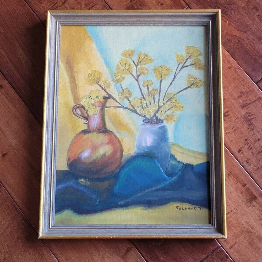 Vintage Framed Oil Painting Still Life Pitcher Yellow Flowers Vase 1971 Signed - Picture 1 of 5